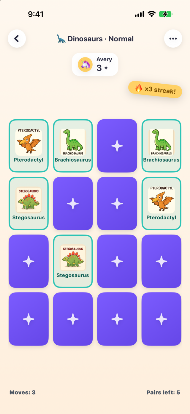 A Dinosaurs memory-match game in progress