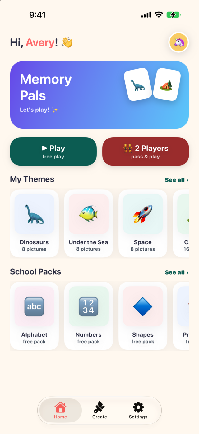 MemoryPals home screen with your themes and school packs